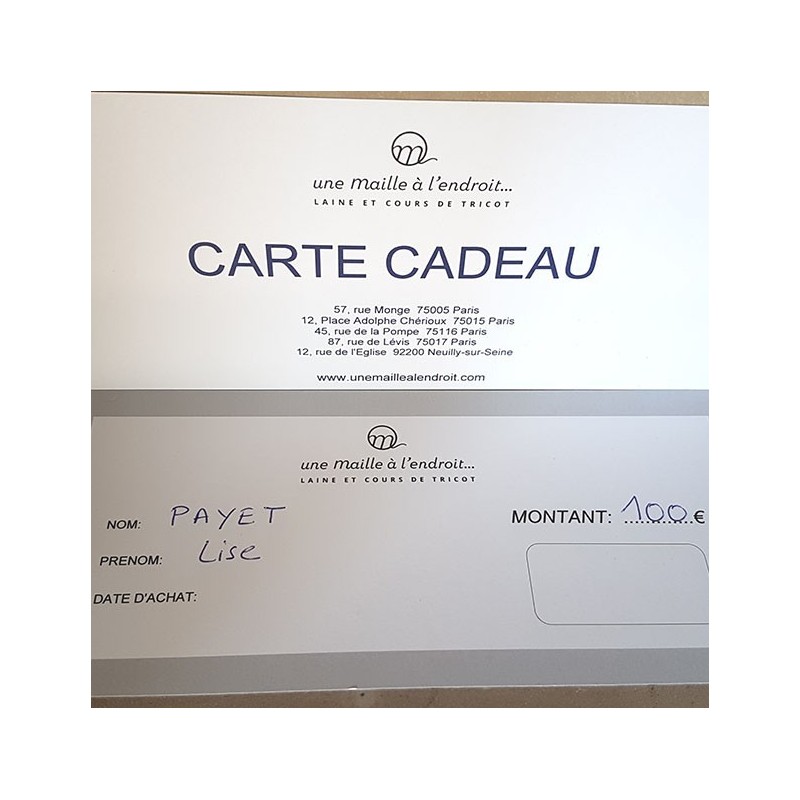 CARTE CADEAU 100 EUROS